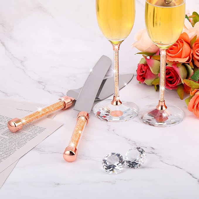 Boao 4 Piece Wedding Cake Knife and Champagne Flutes Server Set Mr and Mrs Toasting Flutes Crystal Rhinestone Cake Cutting Set for Bride and Groom Wedding Engagement Bridal Shower Gifts(Rose Gold)