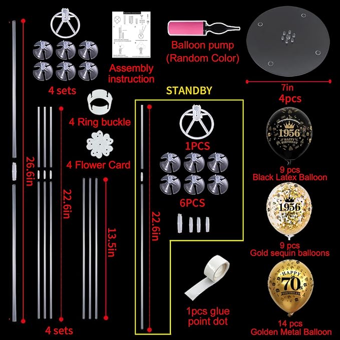 TONIFUL 4 Set 70th Birthday Decorations 1956 Balloon Centerpiece for Table,Black Gold Balloon Stand Kit,Perfect for celebrating born in 1956,Cheers to 70 Years Birthday for Men and Women