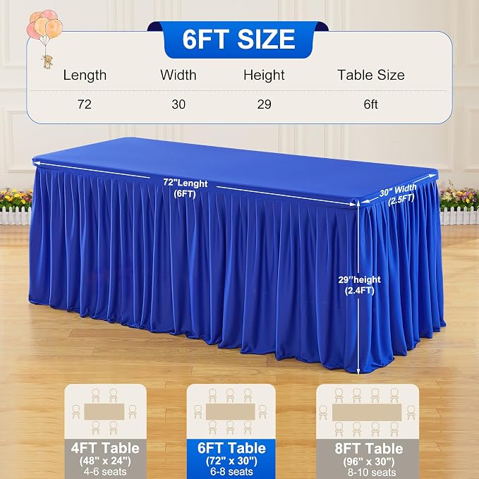 6 Packs Royal Blue Tableclothes for 6 Foot Rectangle Tables, Wrinkle Free Fitted Table Cloth 6ft Stretch Table Cover with Skirt for Parties Weddings Birthday Banquet Baby Shower