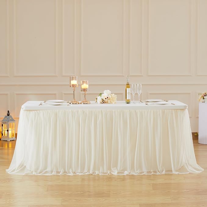 Champagne Tablecloth for 6 Foot Rectangle Tables with Tulle Table Skirt, Party Table Cloths Ruffle Tutu Table Skirt Stretch Fitted Table Covers for Baby Shower Wedding Bridal Shower Birthday Reception