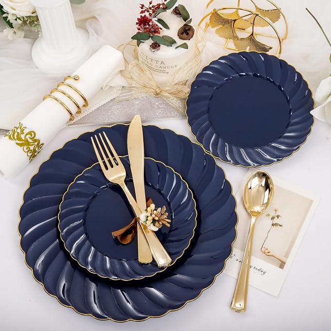 YOUBET 150PCS Blue Plastic Plates - Gold Plastic Silverware - Heavy Duty Navy Blue Disposable Plates include 50 Plates, 25 Forks, 25 Knives, 25 Spoons, 25 Napkins for Wedding Birthday Parties