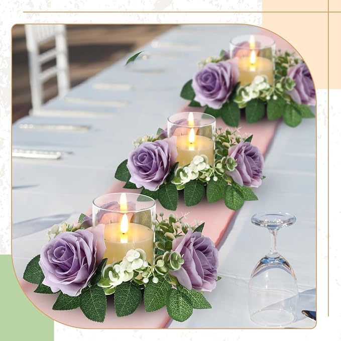 Yunlly 20 Pcs Rose Candle Rings with Flameless Candles Sets, Artificial Flower Eucalyptus Wedding Centerpiece 3 Inch Pillar Candleholders Wreaths for Wedding Party Mother's Day (Purple)