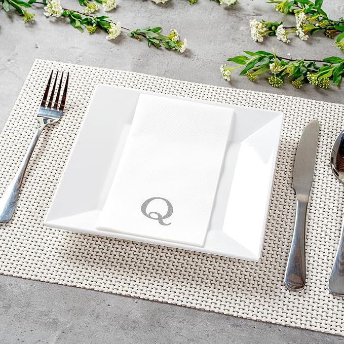 Luxenap 15.8 X 7.9 Inch Linen-Feel Guest Towels, 50 Lettered Hand Towels - Silver Letter 'Q', Sans Serif Font, White Paper Dinner Napkins, airlaid, For Restrooms And Tables - Restaurantware