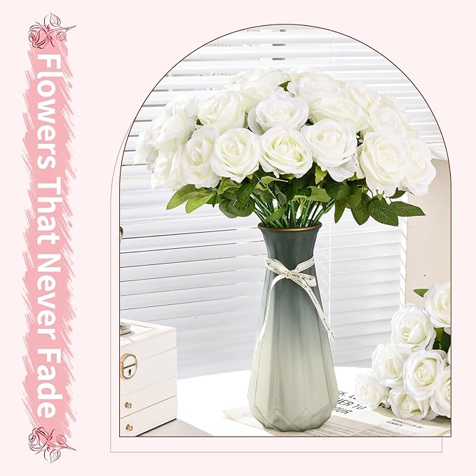 50 PCS White Roses Artificial Flowers, Fake White Roses Bouquet,White Artificial Silk Roses with Stems for DIY Wedding Flowers Decoration, Valentines Day, Home Decor, Bridal Bouquet Roses