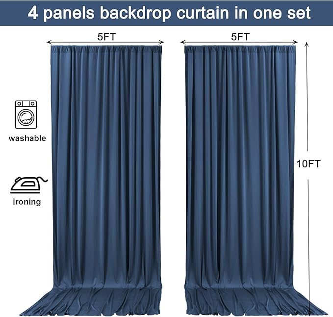 20x10 Navy Blue Backdrop Curtain for Party Wrinkle Free Polyester Fabric Photo Backdrop Curtain Drapes for Party Wedding Stage Birthday Baby Shower Decoration 5ft x 10ft,4 Panels