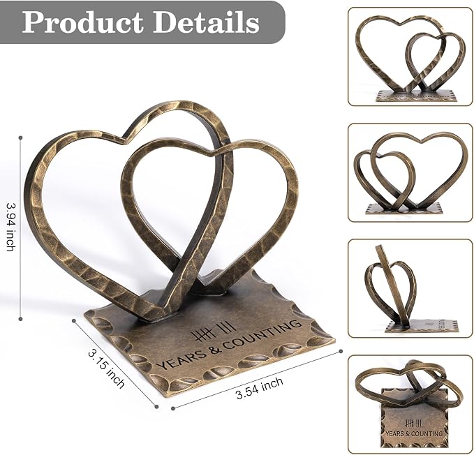 Vastsea 8 Year Anniversary Bronze Gifts - 8th Anniversary Wedding Handcrafted Hearts Sculpture for Her Him Couple Wife Husband, with Card & Gift Box