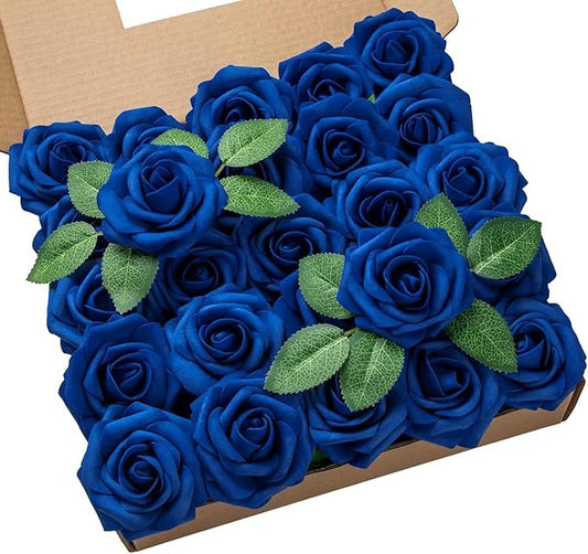 DuHouse 25Pcs Artificial Roses Flowers Fake Roses with Stems Real Touch Foam Flowers for DIY Wedding Bouquet Party Centerpiece Floral Arrangement Party Home Decor (Royal Blue-A)