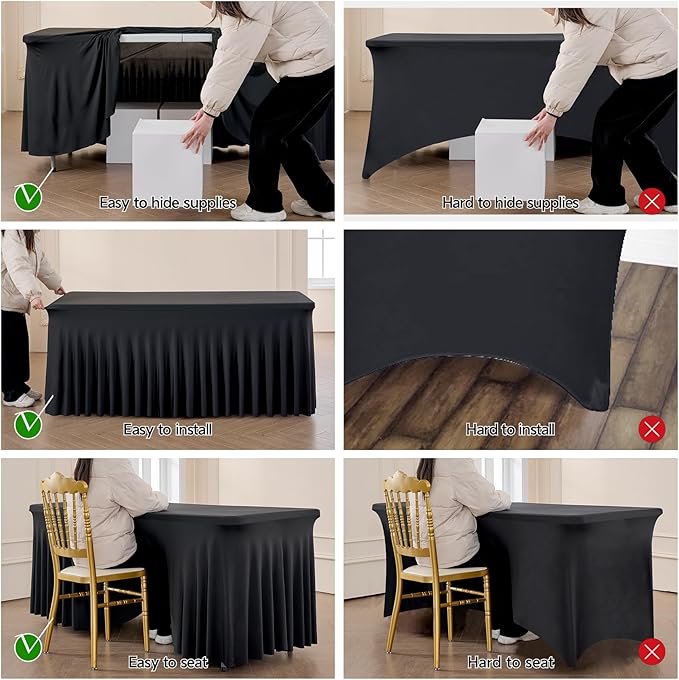 Outpain Black Spandex Tablecloth for 8 Foot Rectangle Tables, 8 Pack Black Fitted Table Cloths 8ft Stretchy Banquet Table Clothes Cover Desk Skirt for Birthday Wedding Parties Baby Shower