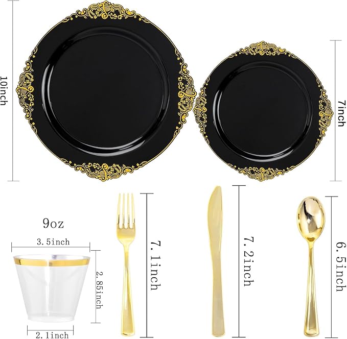 Nervure 600PCS Gold Plastic Dinnerware - Black and Gold Disposable Plates for 100 Guests - 200 Disposable Plates, 300 Plastic Silverware, 100 Cups for Wedding & Party