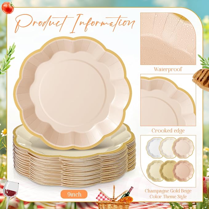 72 Pcs Champagne Gold Beige Paper Plates 9 Inch Rose Gold Gradient Scalloped Paper Disposable Dinner Dessert Plates for Birthday Wedding Bridal Party Supplies, 6 Colors