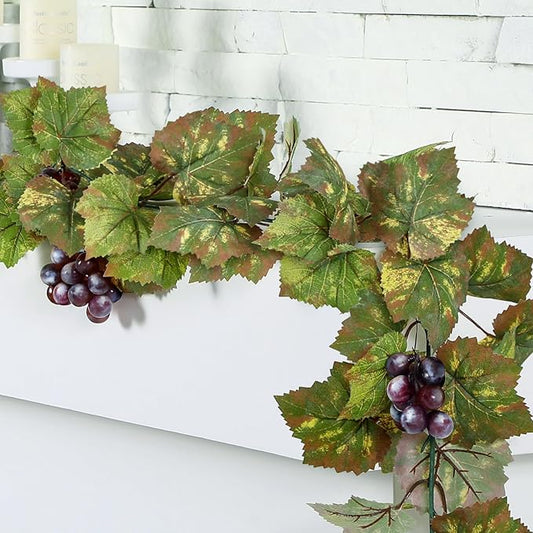Artificial Grape Leaf Garland Vine Plant for Decoration Fake Greenery Garlands Hanging Leaves with Grapes for Wine Italian Themed Party Decor Wedding Photo Stage Favors(13 ft,Light Green)