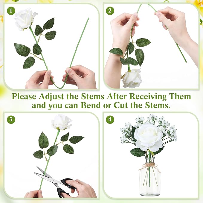 10 Set Glass Bud Vases Centerpiece with Artificial Flowers for Table Decor 10 Small Clear Glass Vase 10 White Roses 30 Baby Breath for Wedding Bridal Shower Home Rustic Farmhouse Decor