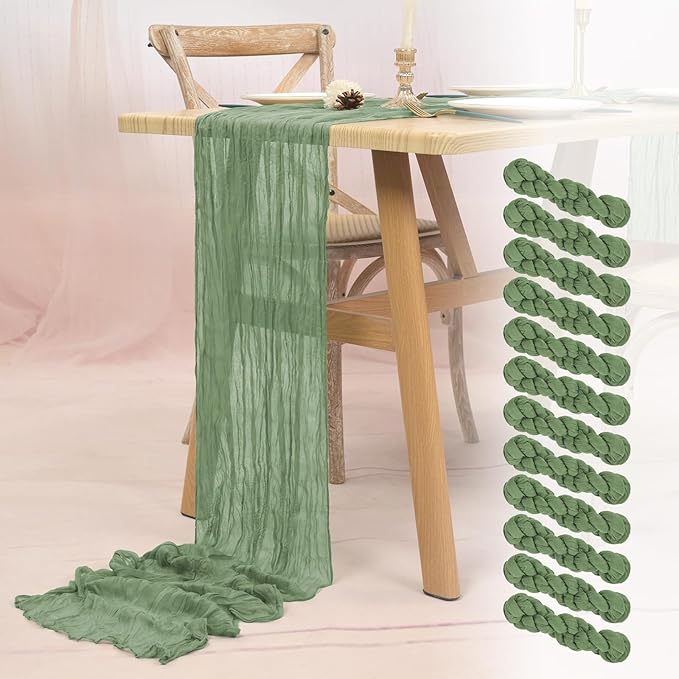 12 Pack Sage Green Cheesecloth Table Runner 10FT Boho Gauze Cheese Cloth Table Runner Rustic Sheer Fabric Table Runners for Wedding Bridal Shower Baby Shower Party(21.5×120 Inch)