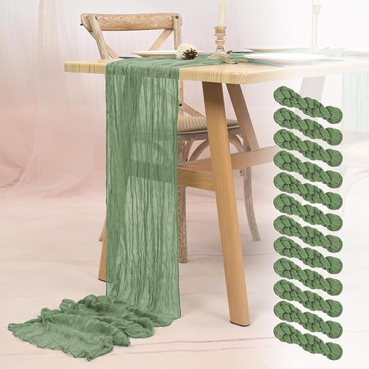 12 Pack Sage Green Cheesecloth Table Runner 10FT Boho Gauze Cheese Cloth Table Runner Rustic Sheer Fabric Table Runners for Wedding Bridal Shower Baby Shower Party(21.5×120 Inch)