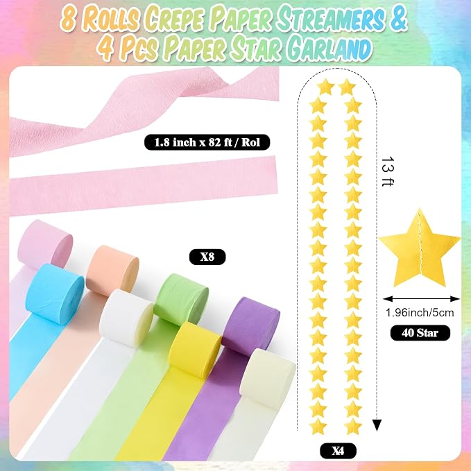 TaoBary Birthday Party Decor Kit 600 Sheet Paper Chain Garland Strips 656ft Crepe Paper 52ft Star Garland 52ft Felt Pennant Flag Pastel Ceiling Swirls 50 Balloons for DIY Birthday Wedding Party