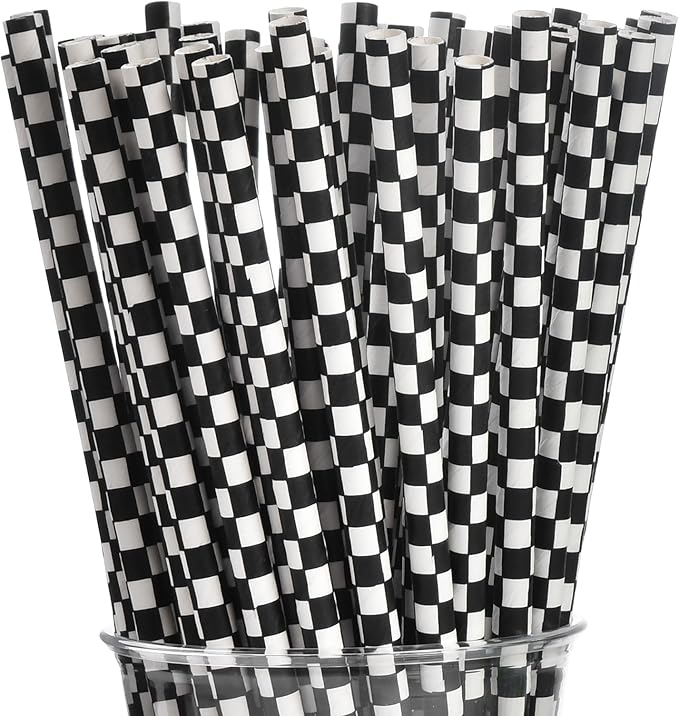 ALINK 100 Black and White Checkered Racing Paper Straws, Biodegradable Disposable Drinking Straws for Brithday, New Year, Party Decoration Supplies