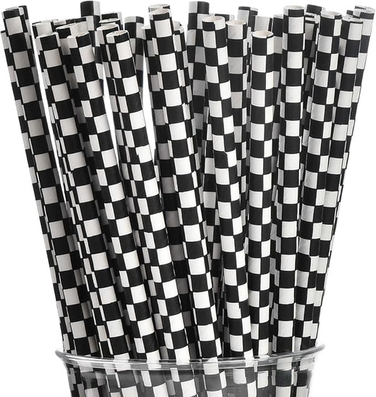 ALINK 100 Black and White Checkered Racing Paper Straws, Biodegradable Disposable Drinking Straws for Brithday, New Year, Party Decoration Supplies
