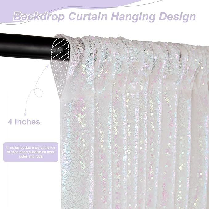 SoarDream White Iridescent Sequin Backdrop Curtains 6 Pieces 2ft x 8ft Sequin Fabric Backdrop Glitter Drapes Baby Shower Background Christmas Party Decoration