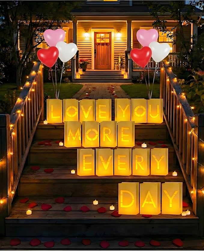 AceList Romantic Anniversary Decorations Set - Love You More Every Day 19 Pcs Luminary Bags with 40 LED Tea Lights, 2000 Rose Petals & 6 Heart Balloons - Light Up Letters Kit for Proposal