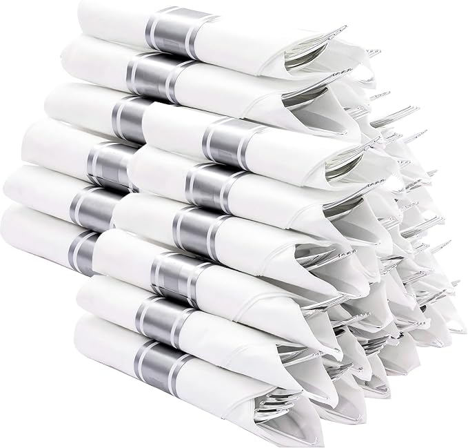 N9R 120 Pack Pre Rolled Silver Plastic Silverware Set, Wrapped Silverware Set Disposable with 120 Forks, 120 Knives, 120 Spoons, 120 Napkins, Disposable Cutlery Set for Party and Wedding