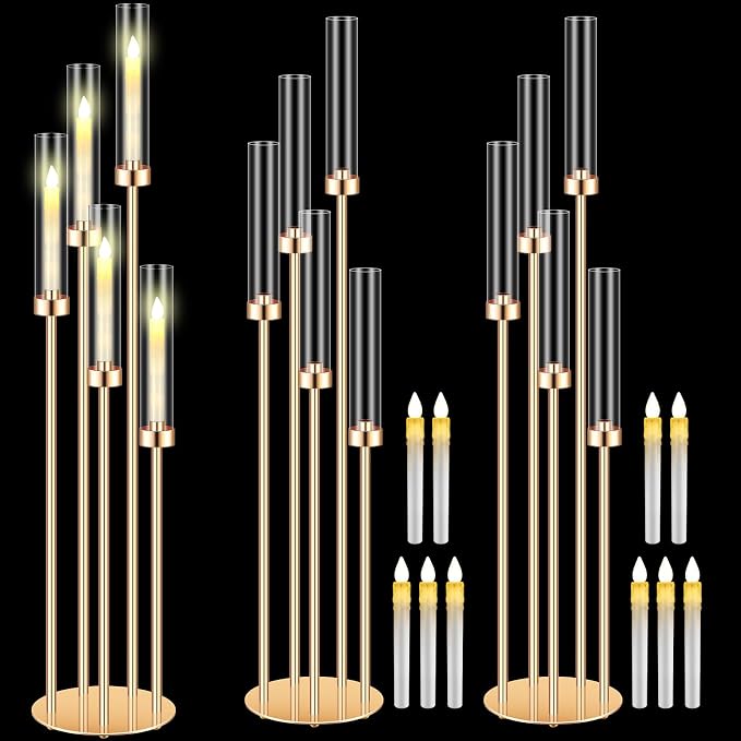 Tandefio 2 Sets Acrylic Candelabra Centerpieces 42.5" Tall Clear Candle Holders Pillar Taper Candlestick with Lampshades 5 Arm Floor Candelabra Stand for Wedding Christmas Ceremony Dinner Party