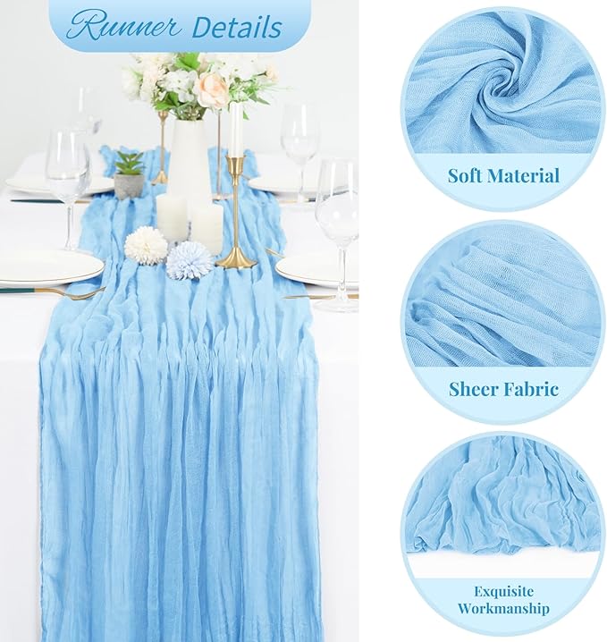 20 Pack Light Blue Cheesecloth Table Runner 120 Inch 10FT Rustic Boho Gauze Cheese Cloth Table Runner for Wedding Party Baby Shower Thanksgiving Christmas Decoration