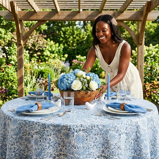 ATOSII Cotton Tablecloth 90" Inches Round Butterfly Blue