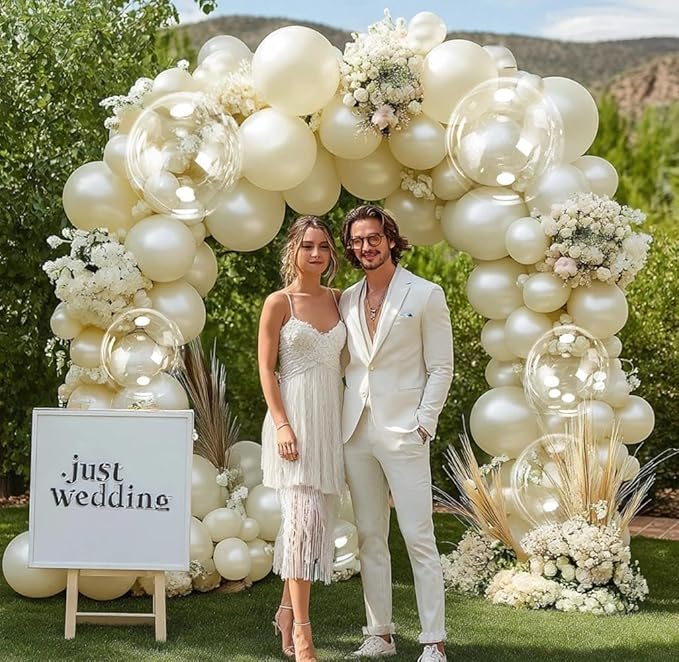Pearl Ivory White Balloon Arch Double Stuffed Pastel White Ivory Cream Beige Balloon Garland Kit Different Sizes With Clear Balloons for Birthday Wedding Bridal Baby Shower Mothers Day Party Decor