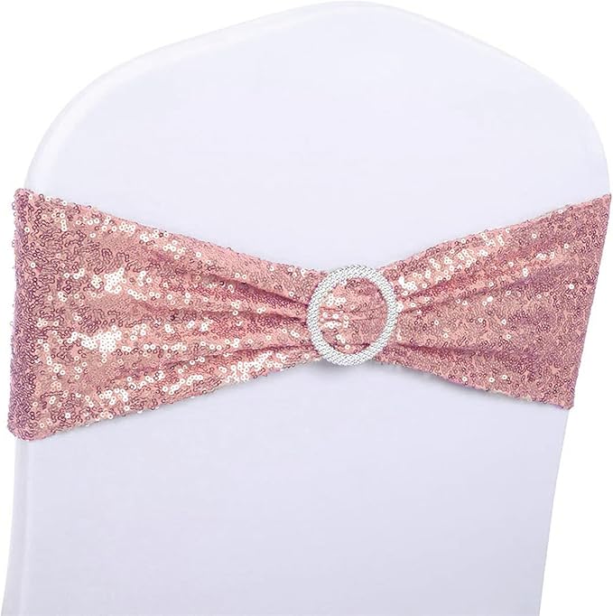 All Around Sequin Rose Gold Chair Sashes for Wedding Chair Bands, Chairs Bows for Party Banquets Anniversary Birthday Engagement Christmas Events Decorations Ties - Rose Gold Sequins 100 Pack