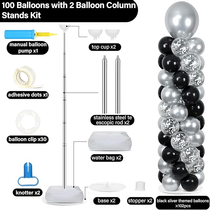 2 Sets Black and Silver Balloon Column Stand Kit with 100 Balloons Graduation Adjustable Tower Stand with Base for Floor Spring Mother's Day Column for Birthday Wedding Party Decor