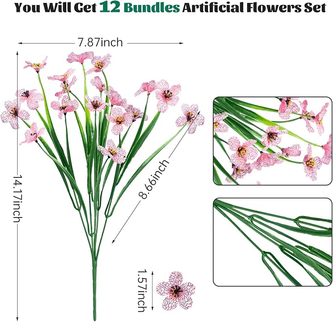 Lnoicy 12 Pcs Artificial Flowers for Outdoor,Plastic Flowers Decoration, UV Resistant Faux Flowers Shrubs, Artificial Plants for Indoor Outside Garden Home Wedding Farmhouse（Pink）
