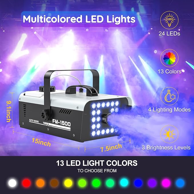 Fog Machine Halloween Outdoor Indoor, 1500W Smoke Machine Fog with 24 LEDs Strobe Lights and Remote for DJ Party Disco Stage Wedding