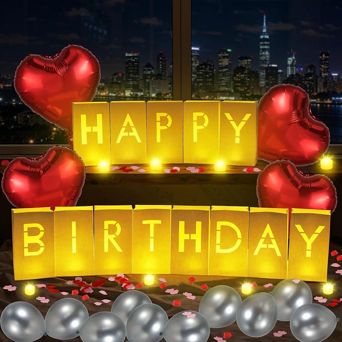 Lewondr Happy Birthday Decorations - Light up Letters with 6H Tea Lights Candles, Latex Balloons, Heart Aluminum Balloons and 2000 Rose Petals, Special Festival, Surprise Gifts Banner for Women & Men