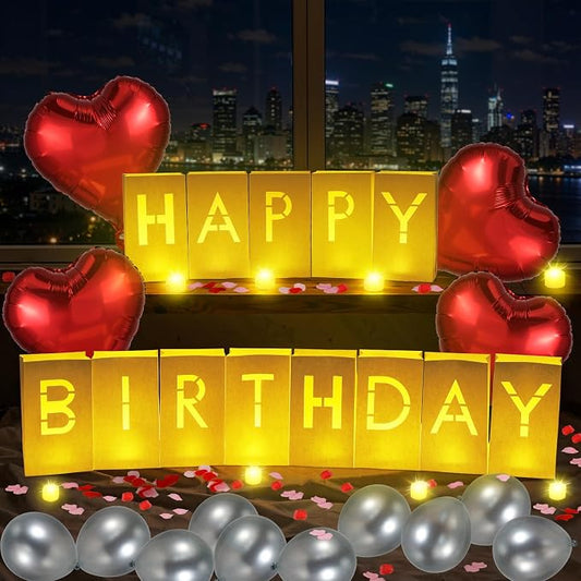 Lewondr Happy Birthday Decorations - Light up Letters with 6H Tea Lights Candles, Latex Balloons, Heart Aluminum Balloons and 2000 Rose Petals, Special Festival, Surprise Gifts Banner for Women & Men