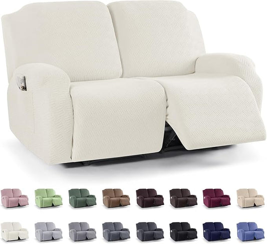 KinCam Recliner Covers, Stretch Reclining Chair Covers, Recliner Sofa Slipcovers Stripe Jacquard Recliner Couch Covers Furniture Protector Covers (2 XL Seater, Cream)