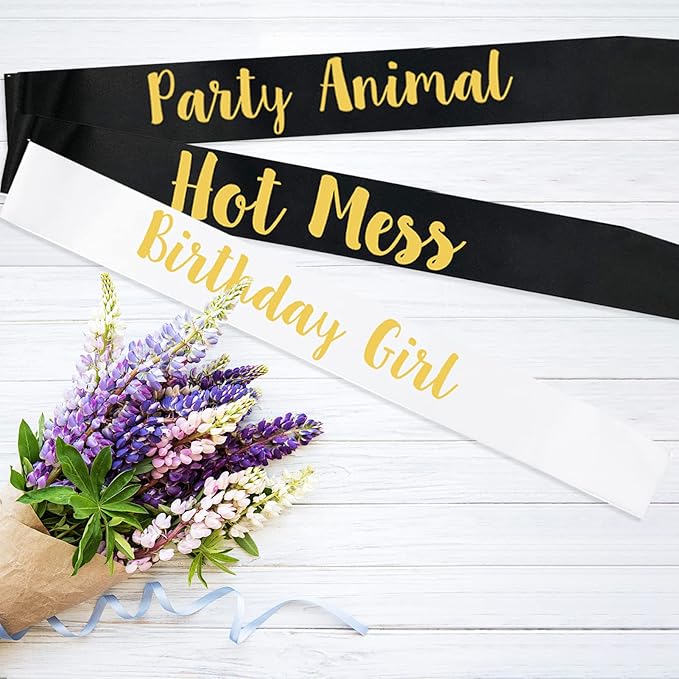 12Pcs Birthday Sashes Set - White Girl Sash & Black Party Sashes for Women, Party Favors & Accessories