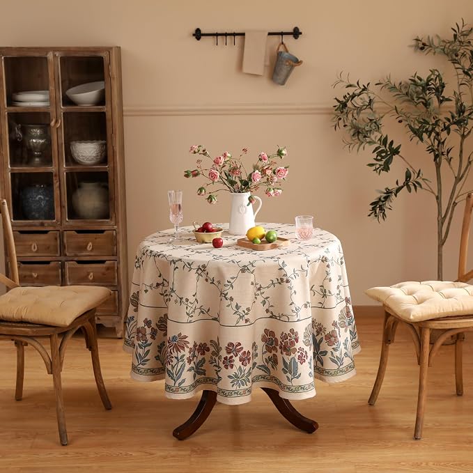 patdrea Vintage French Linen Tablecloth,Round,Diameter 67"-Oliveirad | Heavyweight Elegant Table Cloth for Round Table,Dark Floral & Vine Printfor Dining Room Tea Party Thanksgiving
