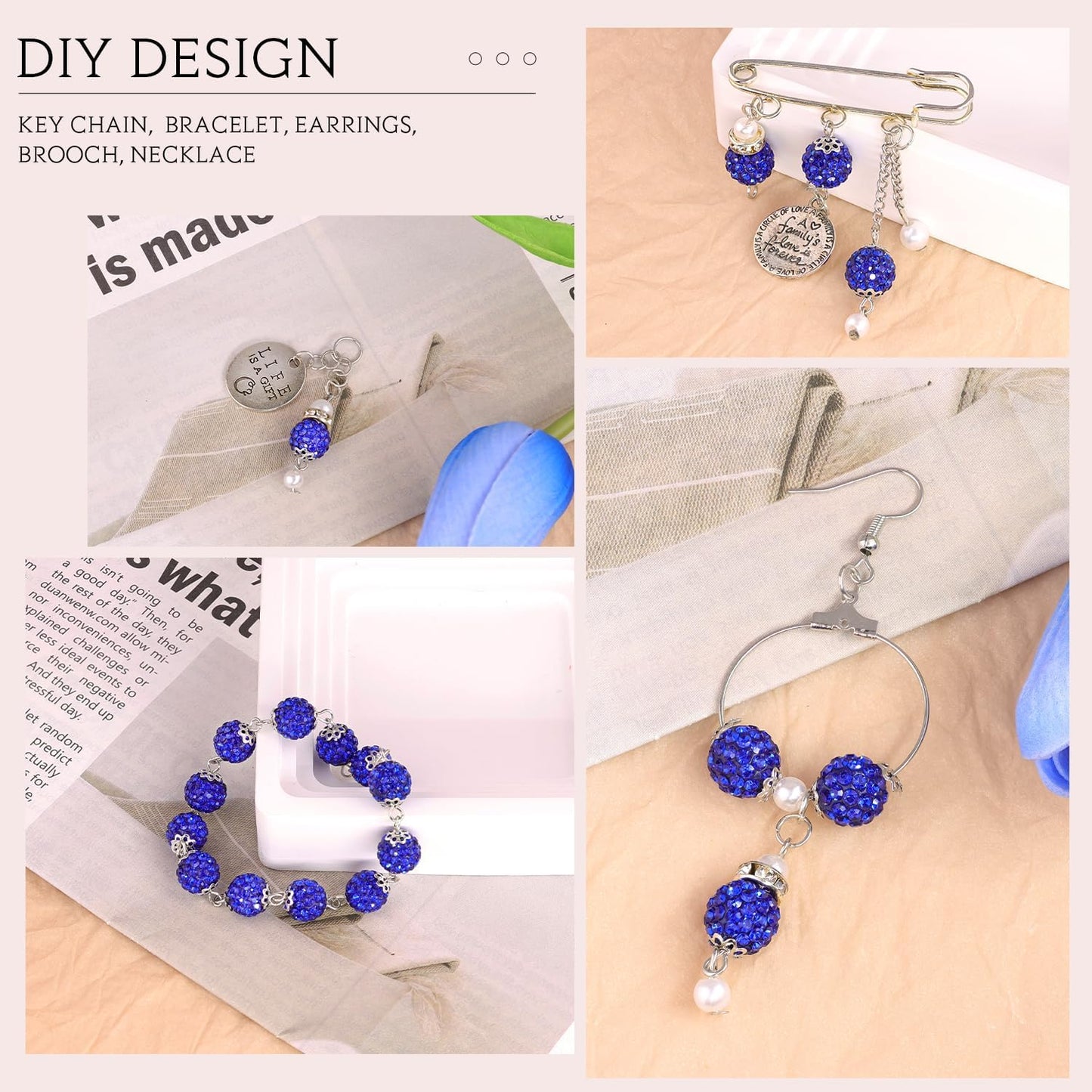 100 pcs 10mm Rhinestone Beads for Jewelry Making, Dark Blue Shiny Round Shamballa Disco Beads Bulk, Sparkle Crystal Clay Christmas for Bracelet Baseball Necklace Earring Crafting and DIY