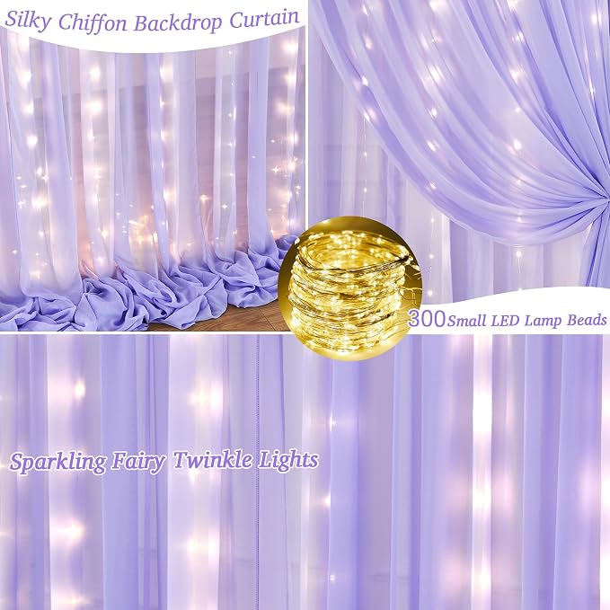 20ft x 10ft Lavender Chiffon Backdrop Curtain with Lights String for Parties,4 Panels Sheer Tulle Curtain Wedding Backdrop for Baby Shower Birthday Party Ceremony Reception Home Decorations