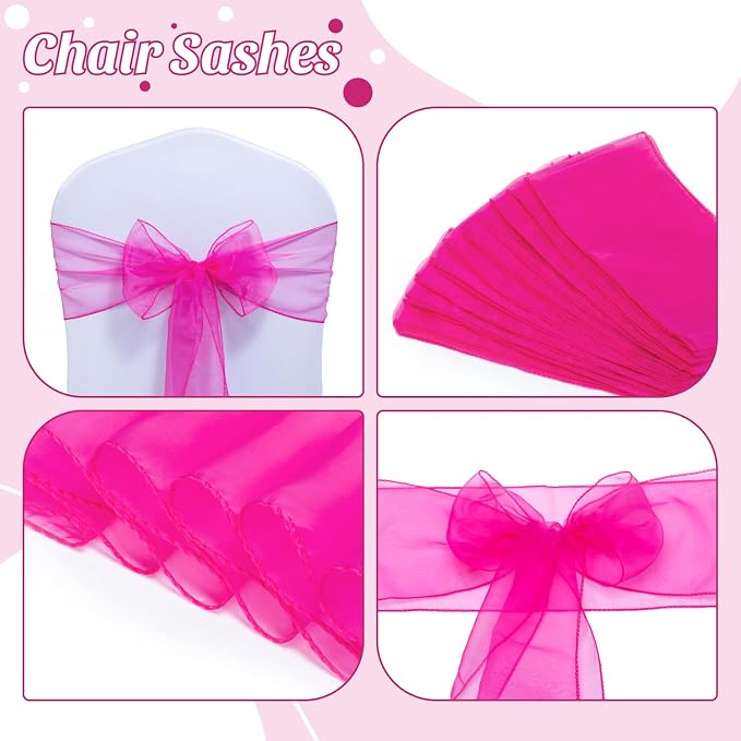 MDS® Pack of 200 Organza Chair Sashes for Wedding Decoration, Reusable Sheer Chair Bows for Banquet Chair Cover, Reception, Bridal Shower, Baby Shower, Birthday Party & Special Events - Magenta