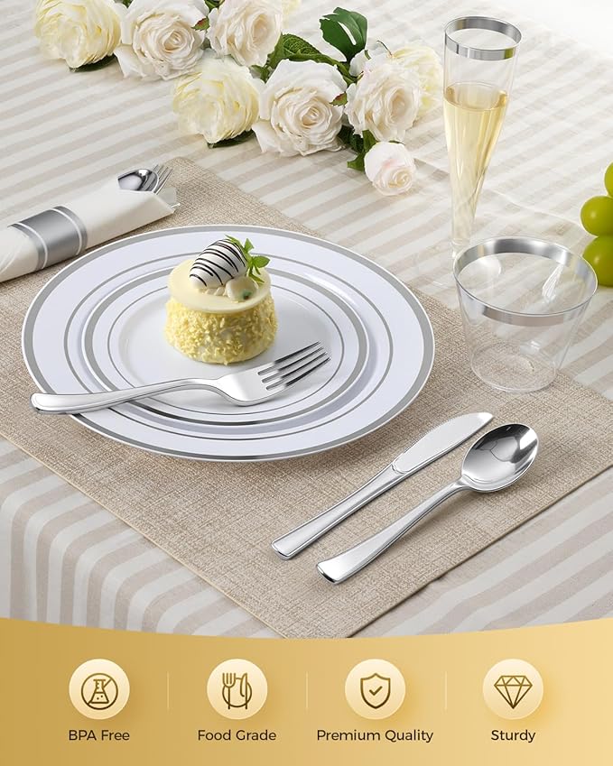 Goodluck 320 PCS Silver Disposable Plastic Dinnerware Set for 40 Guests, Include 40 Dinner Plates, 40 Dessert Plates, 40 Napkins with Silverware, 40 Cups, 40 Champagne Glasses, for Christmas, Wedding