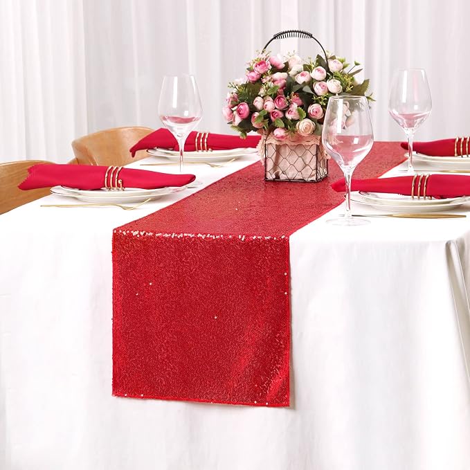 Sequin Table Runners 2 Pieces Red Table Runners 12x72 Inch Glitter Dining Table Cover for Party Wedding Birthday Reception Banquet Decoration Spring Party Chair Sashes