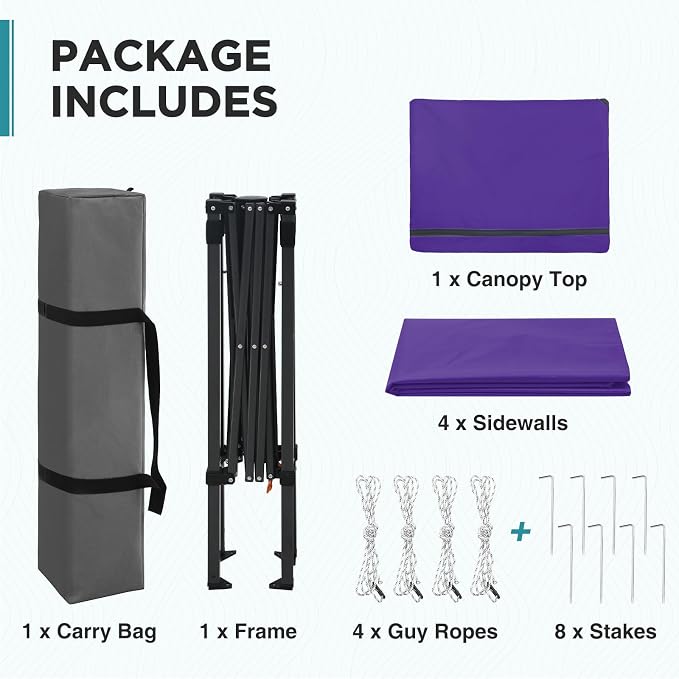 EAGLE PEAK 6x4 Instant Pop Up Canopy Tent with 4 Side Wall Panels, Straight Leg Sun Shelter, Portable Canopy with Carry Bag for Camping, Beach & Sports, Purple