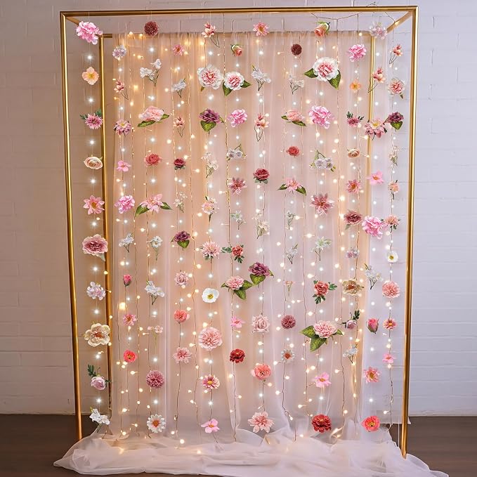 Suncalla 6 Pack 35.4ft Fake Flower Garland Backdrop with LED Lights Hanging Wildflower Floral Vine Decorations for Wedding Bridal Shower Birthday Baby Shower Party Backdrop(Fresh,Pink)