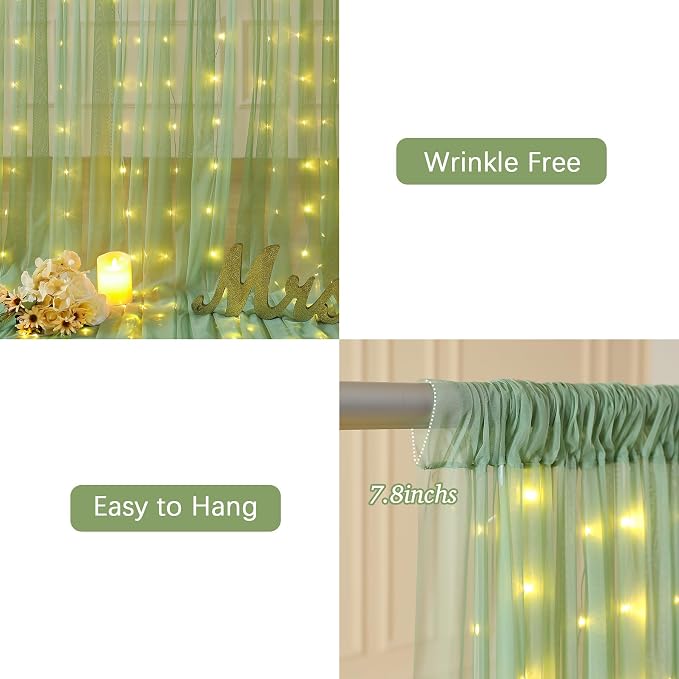 6 Panels Sage Green Sheer Tulle Backdrop Curtains with Lights for Party Wedding Wrinkle Free Curtain Backdrops Drapes for Baby Shower Birthday Photo Back Drop Background Home Decorations 30ft x 8ft