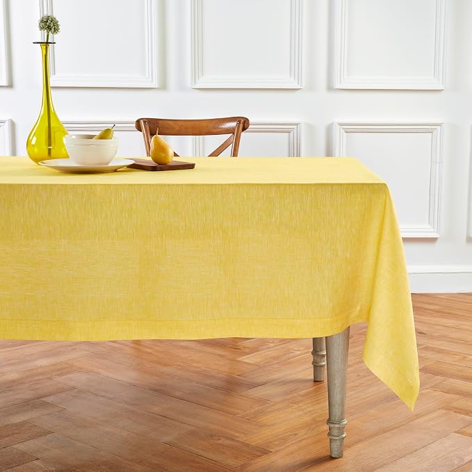 Solino Home Linen Tablecloth 60 x 120 Inch - 100% Pure Linen Chambray Lemon Yellow Table Cloth for Rectangular Tables - Athena, Machine Washable Cloth Tablecloth for Summer