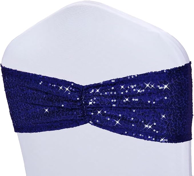 Poise3EHome Sequin Chair Sashes Navy Blue Folding Chair Covers Bow for Wedding Party Reception Decorations, 10 PCS