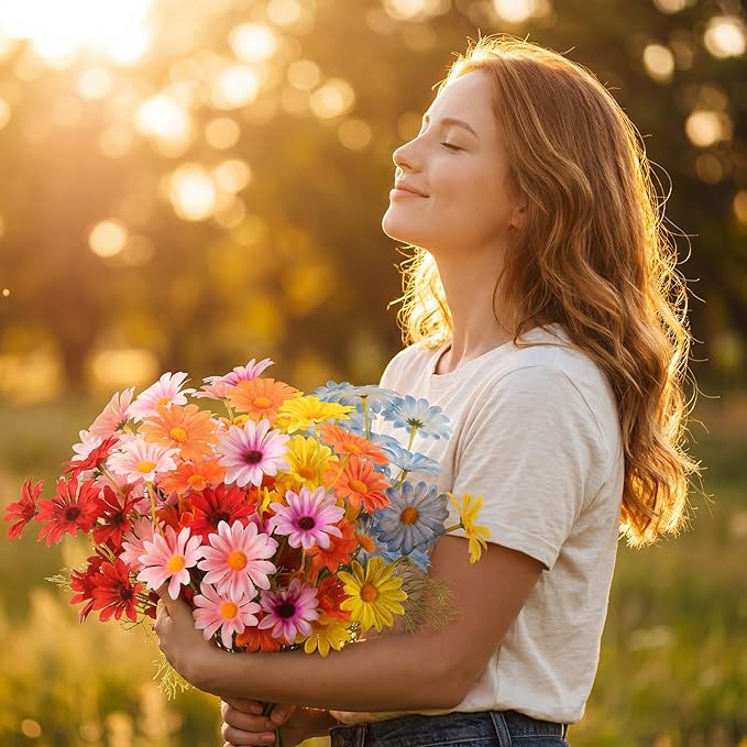 Giegxin 100 Pcs Artificial Daisy Flowers Bulk Realistic Fake Daisies Faux Wildflower Daisy UV Resistant Silk Fake Flowers Plants for Outside Wedding Garden Home Table Decor (Mix Colors)