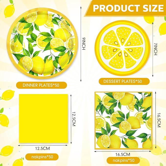 Funnymoom 200 Pcs Lemon Party Supplies Kit Summer Fruit Theme Disposable Paper Dinner Dessert Plates Luncheon Napkins Beverage Napkins for Yellow Lemon Birthday Baby Shower Wedding Party 50 Guests