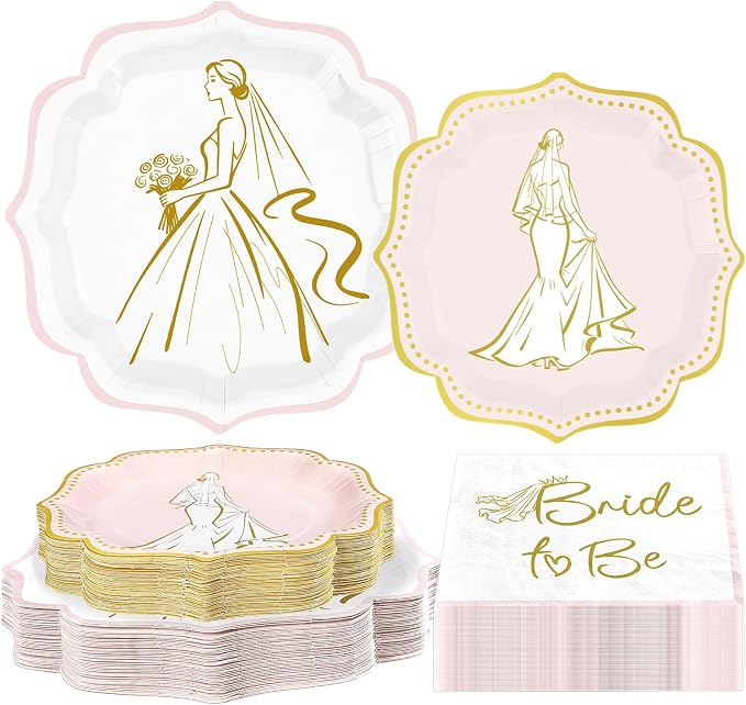 200Pcs Bridal Shower Party Decorations Bride To Be Plates and Napkins White Pink Gold Scalloped Disposable Tableware Set for Wedding Engagement Bachelorette Party Supplies Serves 50